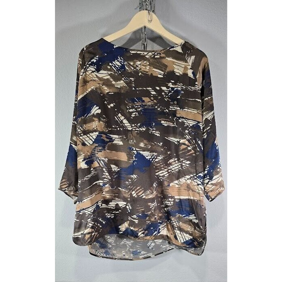 Lafayette 148 100% silk Brown, White & Blue long sleeve blouse size 14 large - Picture 2 of 6